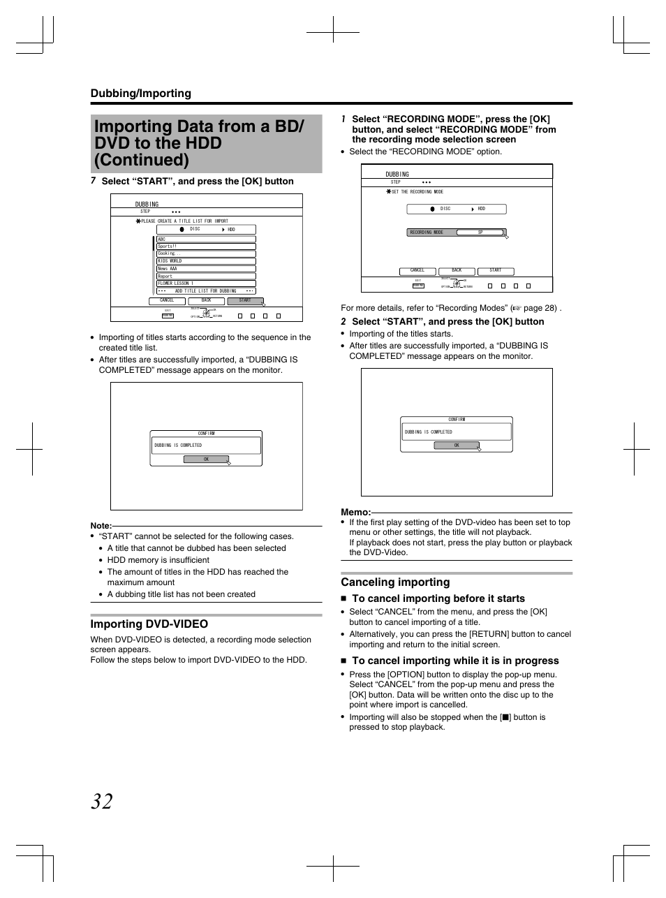 Importing dvd-video, Canceling importing, Dubbing/importing | 7 select “start”, and press the [ok] button, 2 select “start”, and press the [ok] button | JVC LST1083-001C User Manual | Page 32 / 104
