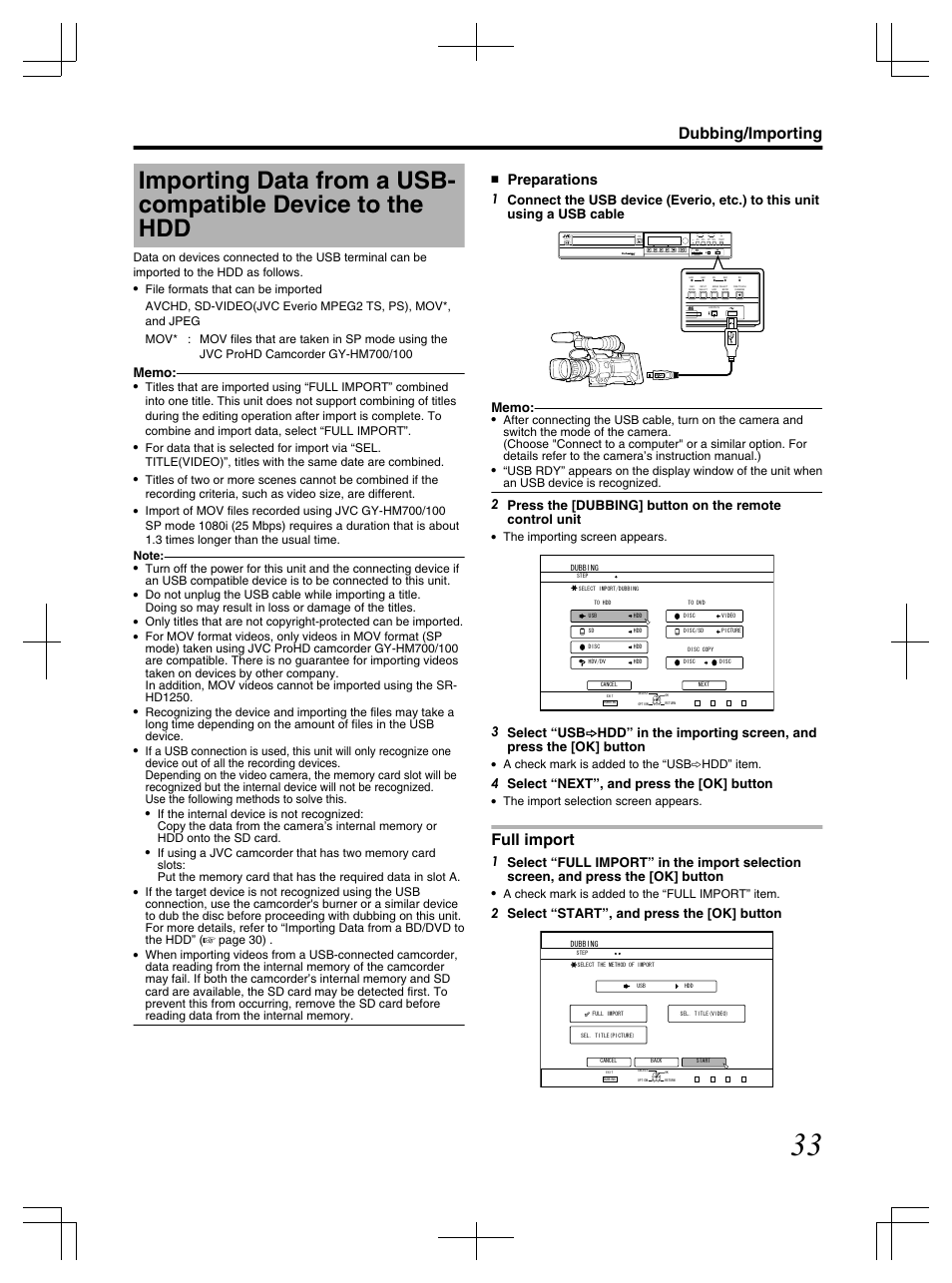 Full import, Dubbing/importing, Preparations | Reset, 4 select “next”, and press the [ok] button, 2 select “start”, and press the [ok] button | JVC LST1083-001C User Manual | Page 33 / 104