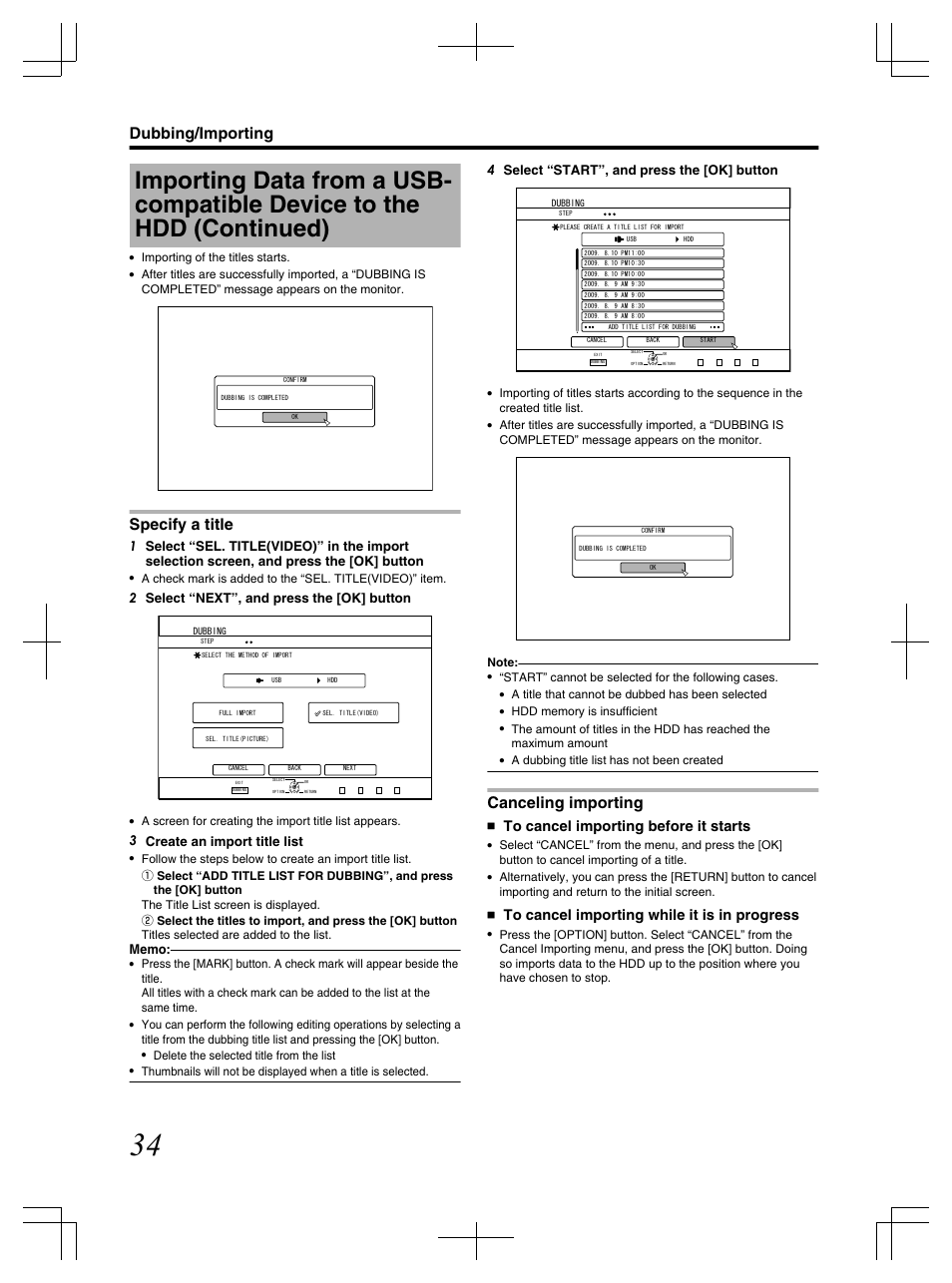Specify a title, Canceling importing, Dubbing/importing | 2 select “next”, and press the [ok] button, 3 create an import title list, 4 select “start”, and press the [ok] button | JVC LST1083-001C User Manual | Page 34 / 104