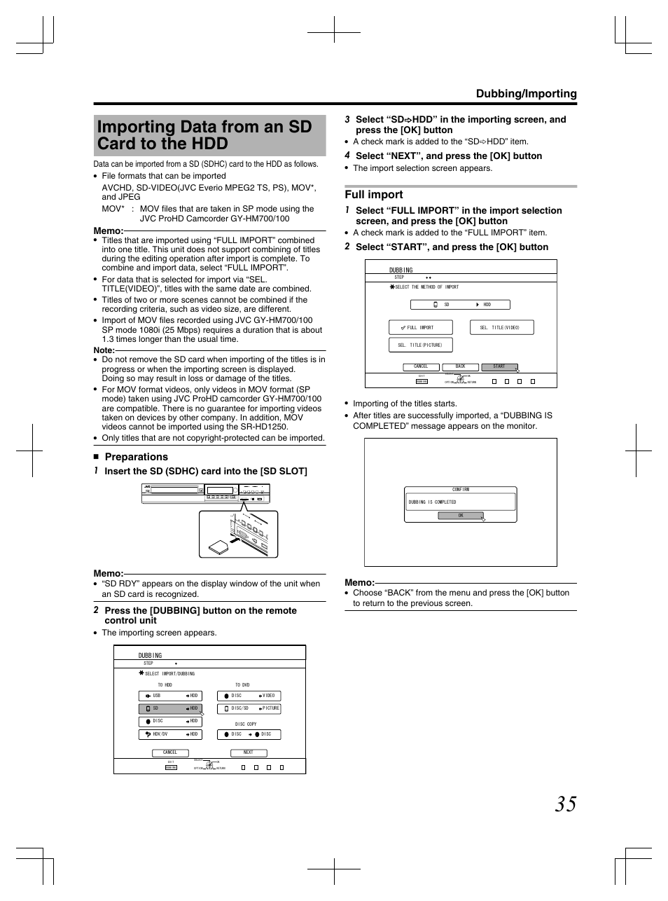 Importing data from an sd card to the hdd, Full import, Dubbing/importing | Preparations, 1 insert the sd (sdhc) card into the [sd slot, 4 select “next”, and press the [ok] button, 2 select “start”, and press the [ok] button | JVC LST1083-001C User Manual | Page 35 / 104