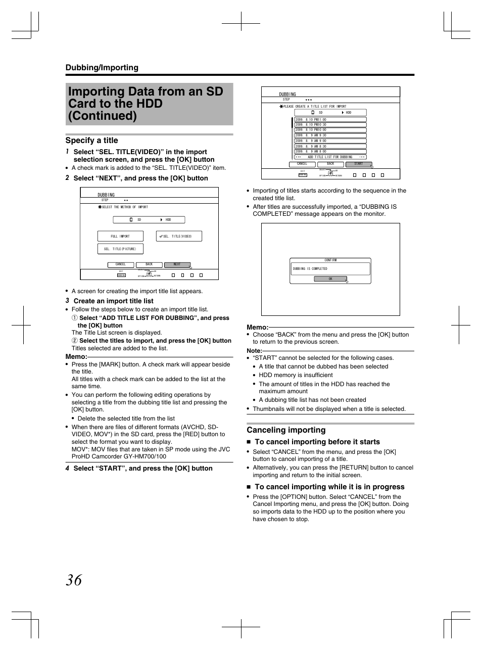 Specify a title, Canceling importing, Dubbing/importing | 2 select “next”, and press the [ok] button, 3 create an import title list, 4 select “start”, and press the [ok] button | JVC LST1083-001C User Manual | Page 36 / 104