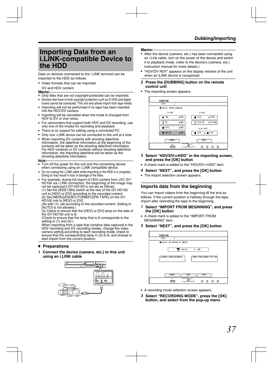 Imports data from the beginning, Dubbing/importing, Preparations | JVC LST1083-001C User Manual | Page 37 / 104