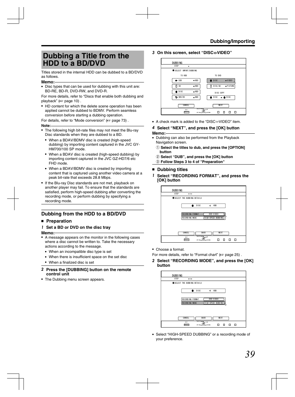 Dubbing a title from the hdd to a bd/dvd, Dubbing from the hdd to a bd/dvd, Dubbing/importing | Preparation, Dubbing titles, 3 on this screen, select “disc i video, When an incompatible disc type is set, When there is insufficient space on the set disc, When a finalized disc is set, The dubbing menu screen appears | JVC LST1083-001C User Manual | Page 39 / 104