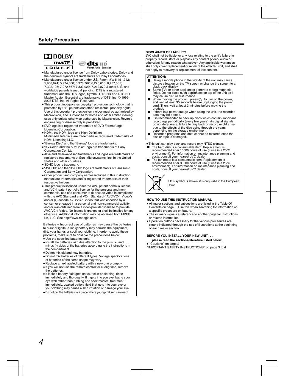 Safety precaution | JVC LST1083-001C User Manual | Page 4 / 104