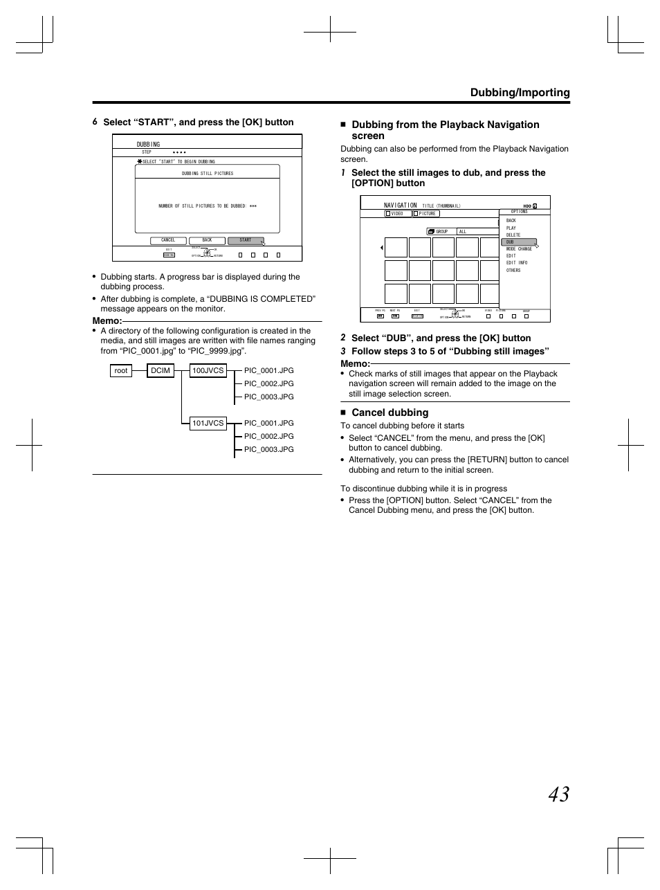 Dubbing/importing, Dubbing from the playback navigation screen, Cancel dubbing | 6 select “start”, and press the [ok] button | JVC LST1083-001C User Manual | Page 43 / 104