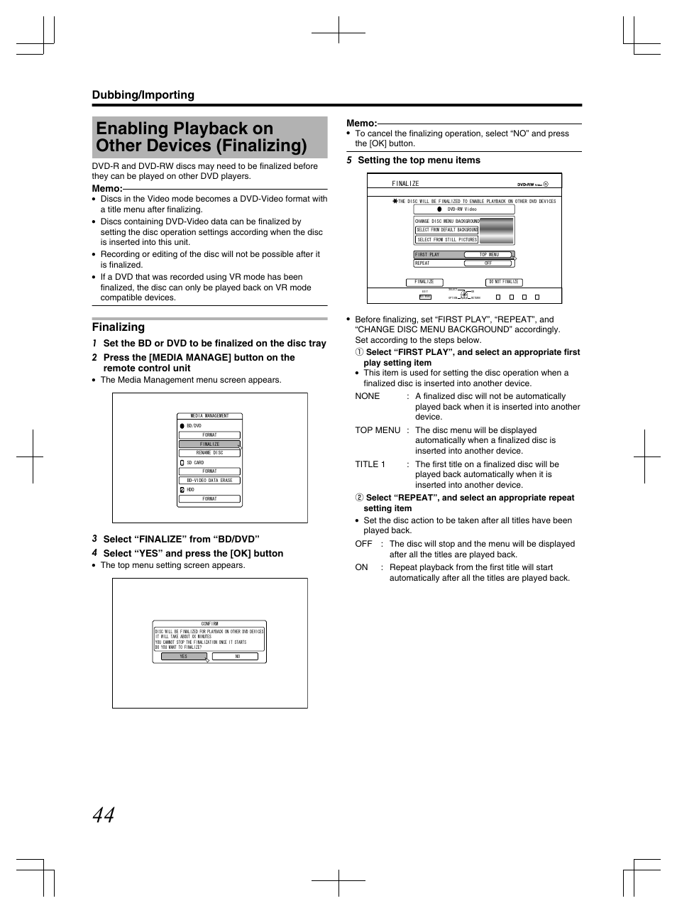 Enabling playback on other devices (finalizing), Finalizing, Dubbing/importing | 5 setting the top menu items | JVC LST1083-001C User Manual | Page 44 / 104