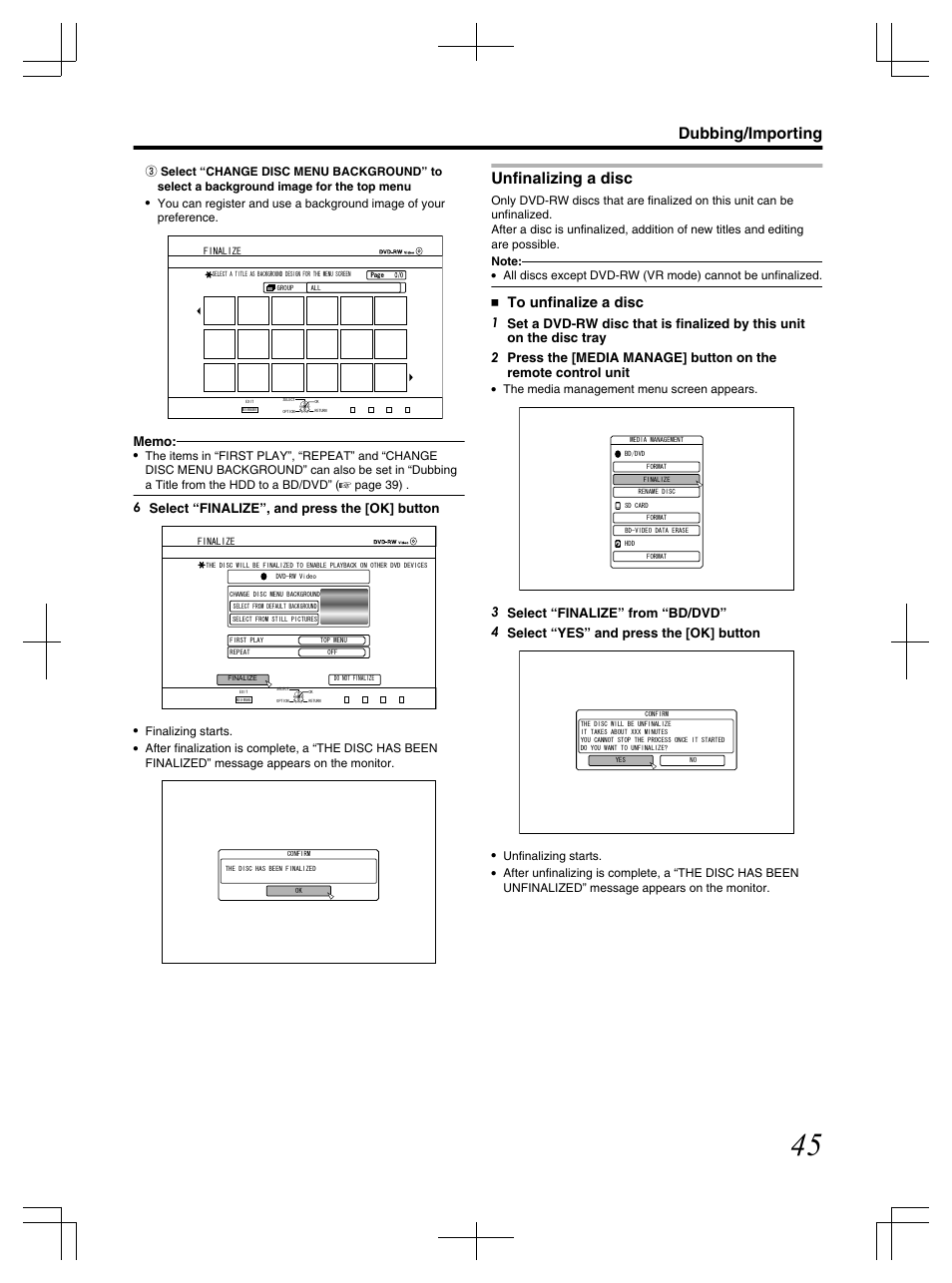 Unfinalizing a disc, Dubbing/importing, 6 select “finalize”, and press the [ok] button | Finalizing starts, The media management menu screen appears, Unfinalizing starts | JVC LST1083-001C User Manual | Page 45 / 104