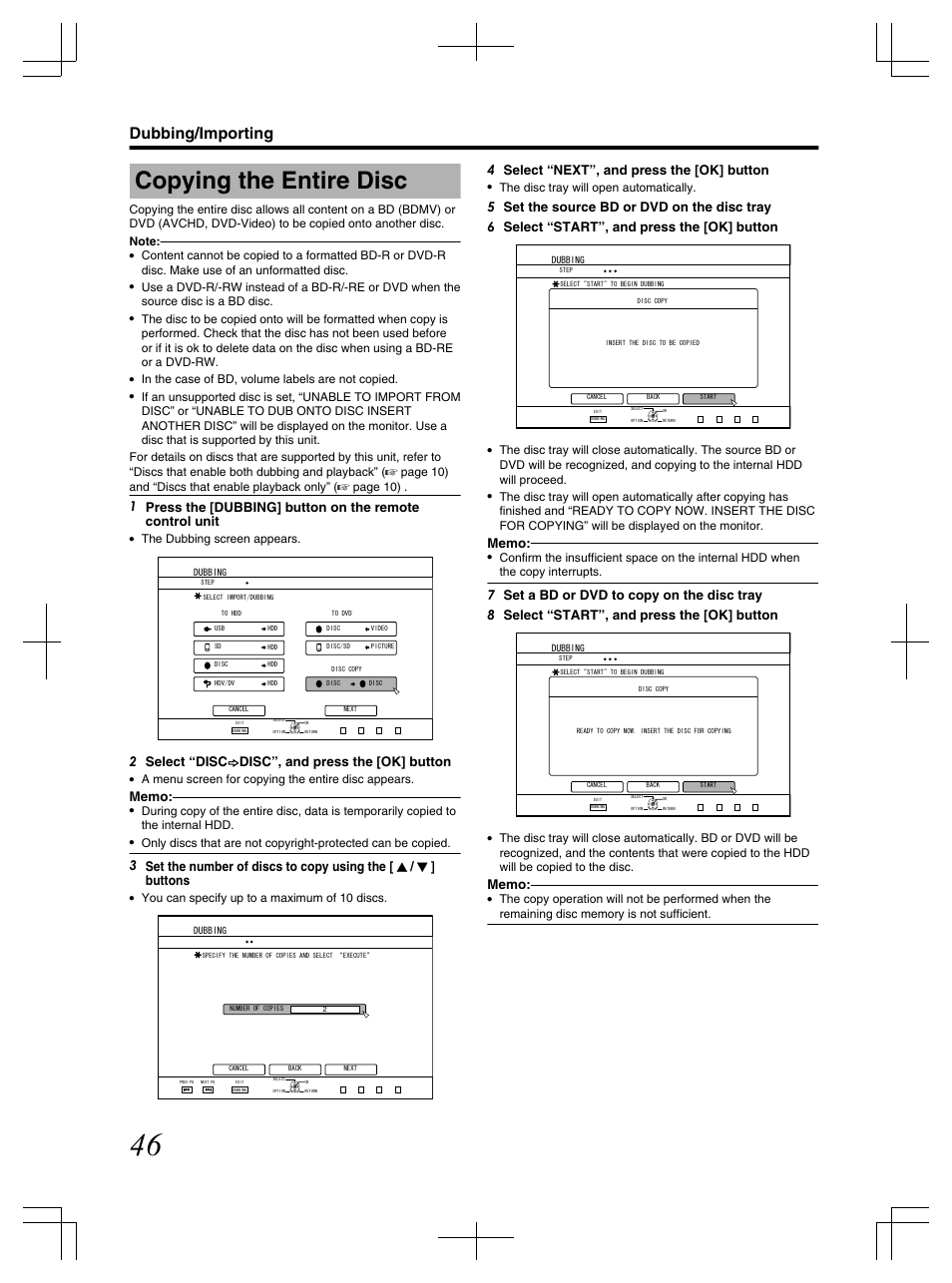 Copying the entire disc, Dubbing/importing, 2 select “disc h disc”, and press the [ok] button | 4 select “next”, and press the [ok] button, The dubbing screen appears, A menu screen for copying the entire disc appears, You can specify up to a maximum of 10 discs, The disc tray will open automatically | JVC LST1083-001C User Manual | Page 46 / 104