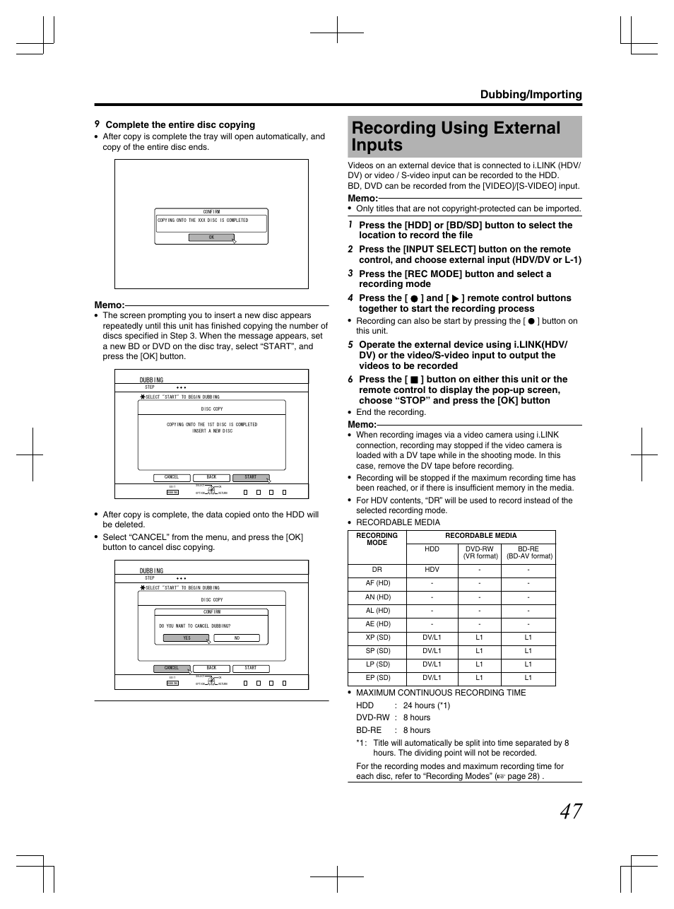 Recording using external inputs, Dubbing/importing | JVC LST1083-001C User Manual | Page 47 / 104