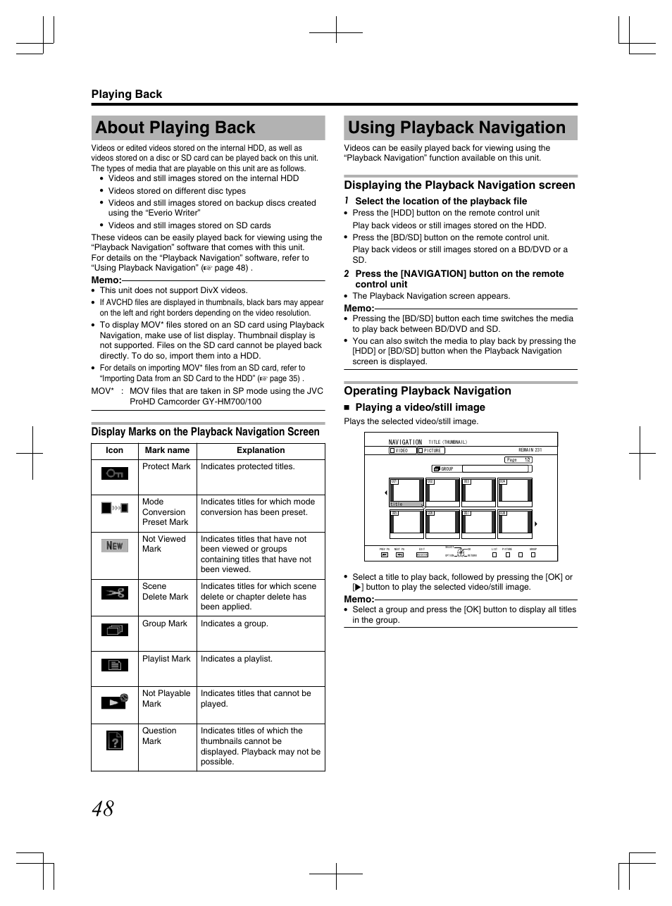Playing back, About playing back, Using playback navigation | Display marks on the playback navigation screen, Displaying the playback navigation screen, Operating playback navigation, Playing a video/still image | JVC LST1083-001C User Manual | Page 48 / 104