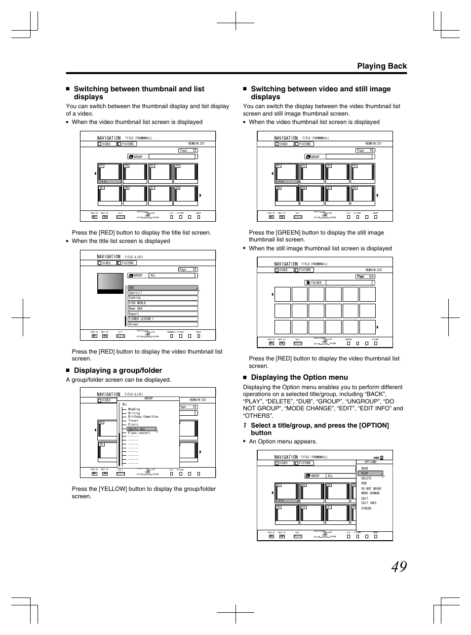 Playing back, Switching between thumbnail and list displays, Displaying a group/folder | Switching between video and still image displays, Displaying the option menu, When the video thumbnail list screen is displayed, When the title list screen is displayed, A group/folder screen can be displayed, An option menu appears | JVC LST1083-001C User Manual | Page 49 / 104