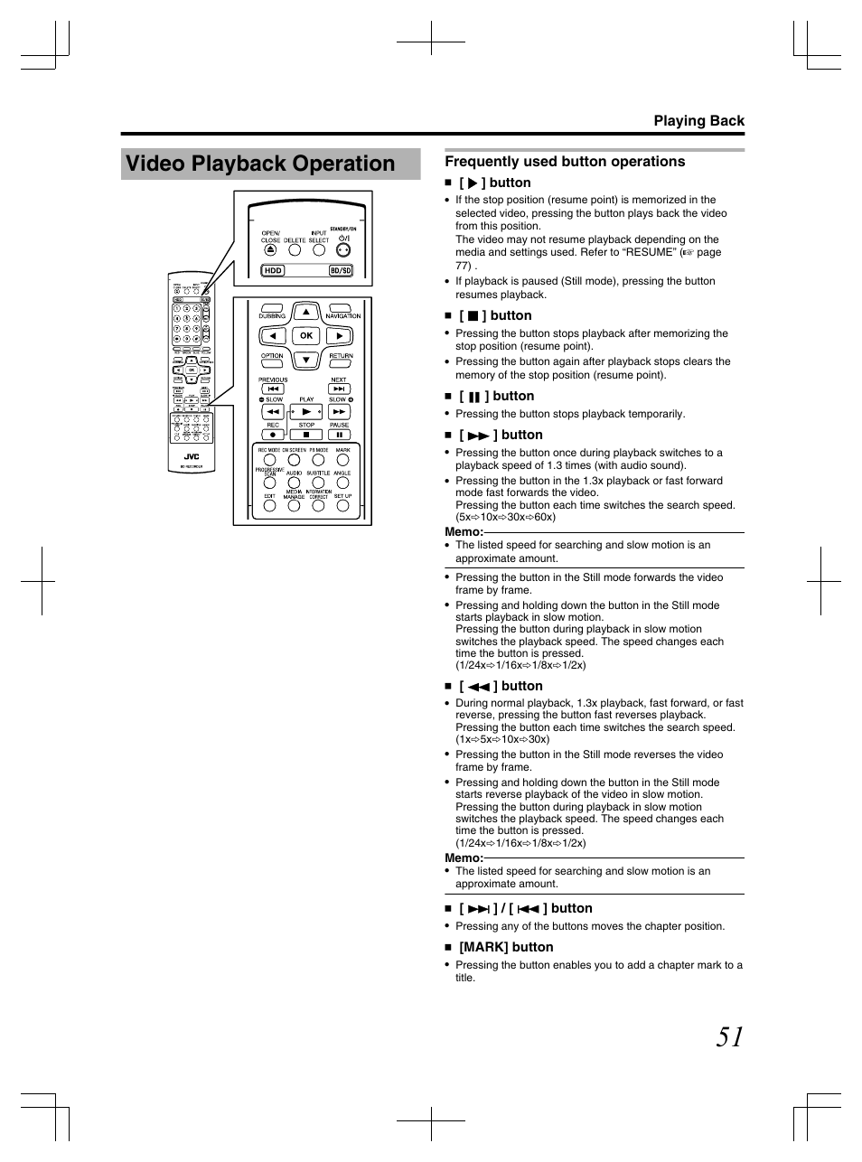 Video playback operation, Frequently used button operations, Playing back | JVC LST1083-001C User Manual | Page 51 / 104