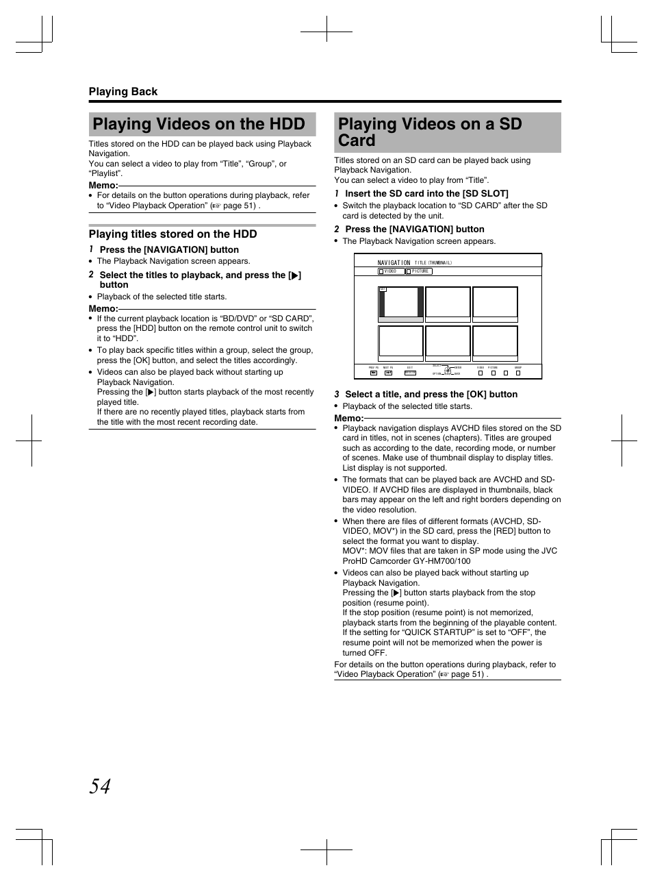 Playing videos on the hdd, Playing videos on a sd card, Playing titles stored on the hdd | Playing back | JVC LST1083-001C User Manual | Page 54 / 104