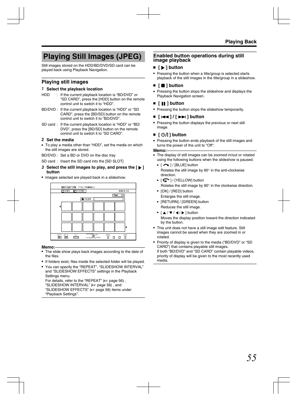 Playing still images (jpeg), Playing still images, Playing back | I ] button, O ] button, W ] button, S ] / [ t ] button, A ] button | JVC LST1083-001C User Manual | Page 55 / 104