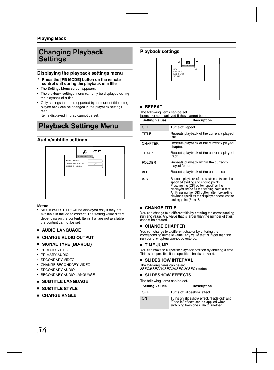 Changing playback settings, Playback settings menu, Audio/subtitle settings | Playback settings, Displaying the playback settings menu, Playing back | JVC LST1083-001C User Manual | Page 56 / 104
