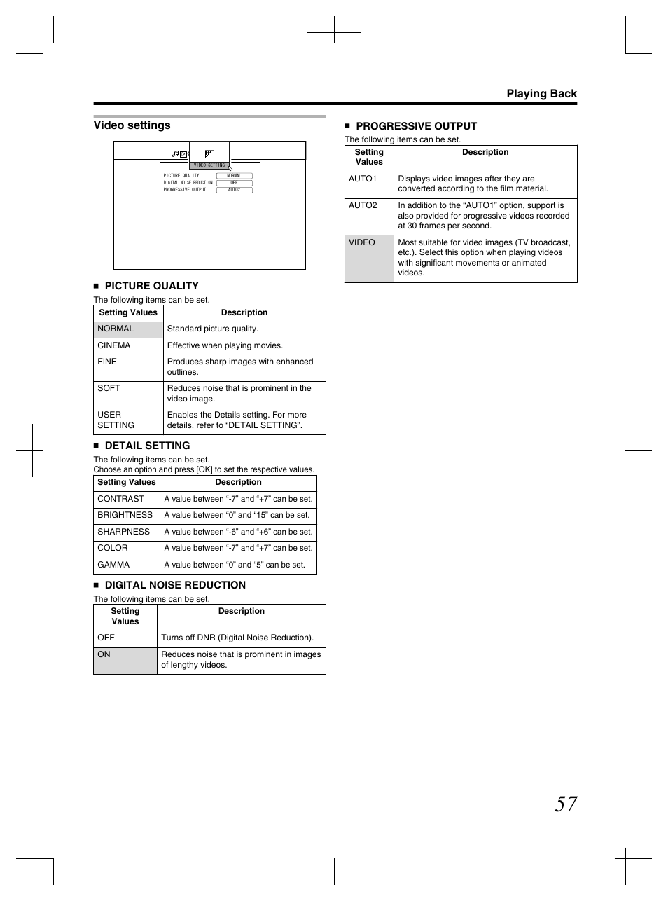 Video settings, Playing back | JVC LST1083-001C User Manual | Page 57 / 104