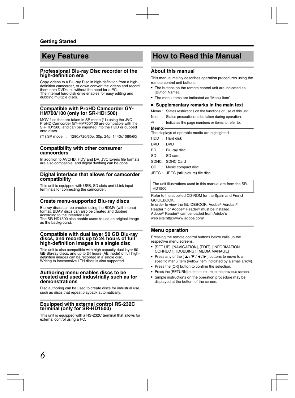 Getting started, Key features, How to read this manual | JVC LST1083-001C User Manual | Page 6 / 104