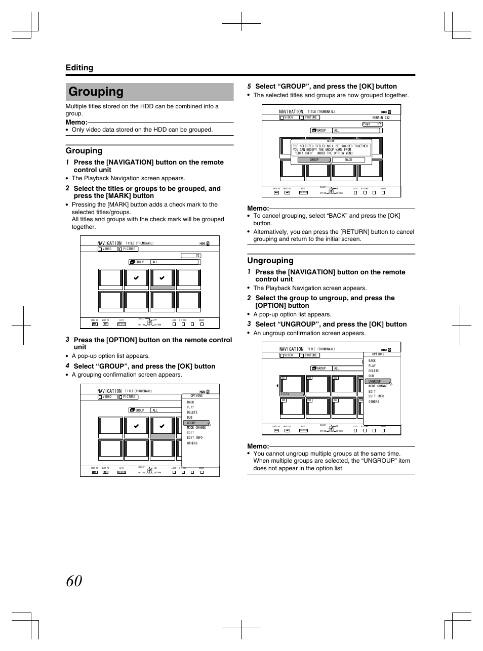 Grouping, Ungrouping, Editing | 4 select “group”, and press the [ok] button, 5 select “group”, and press the [ok] button, 3 select “ungroup”, and press the [ok] button, Only video data stored on the hdd can be grouped, The playback navigation screen appears, A pop-up option list appears, A grouping confirmation screen appears | JVC LST1083-001C User Manual | Page 60 / 104