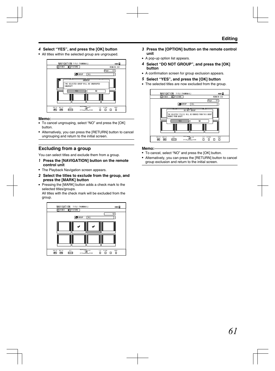 Excluding from a group, Editing, 4 select “yes”, and press the [ok] button | 4 select “do not group”, and press the [ok] button, 5 select “yes”, and press the [ok] button, All titles within the selected group are ungrouped, The playback navigation screen appears, A pop-up option list appears, A confirmation screen for group exclusion appears | JVC LST1083-001C User Manual | Page 61 / 104