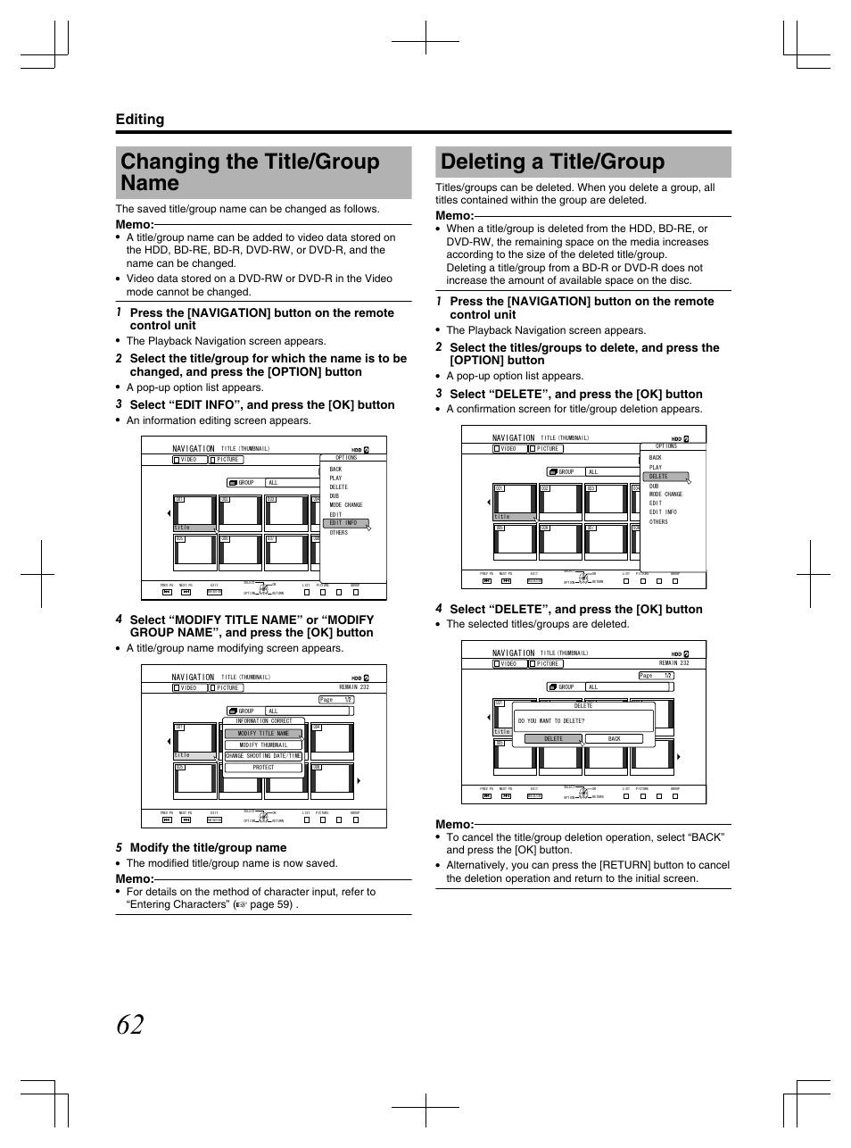 Changing the title/group name, Deleting a title/group, Editing | 3 select “edit info”, and press the [ok] button, 5 modify the title/group name, 3 select “delete”, and press the [ok] button, 4 select “delete”, and press the [ok] button, The playback navigation screen appears, A pop-up option list appears, An information editing screen appears | JVC LST1083-001C User Manual | Page 62 / 104