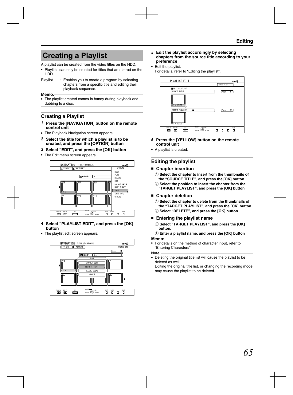 Creating a playlist, Editing the playlist, Editing | Chapter insertion, Chapter deletion, Entering the playlist name, The playback navigation screen appears, The edit menu screen appears, The playlist edit screen appears, A playlist is created | JVC LST1083-001C User Manual | Page 65 / 104