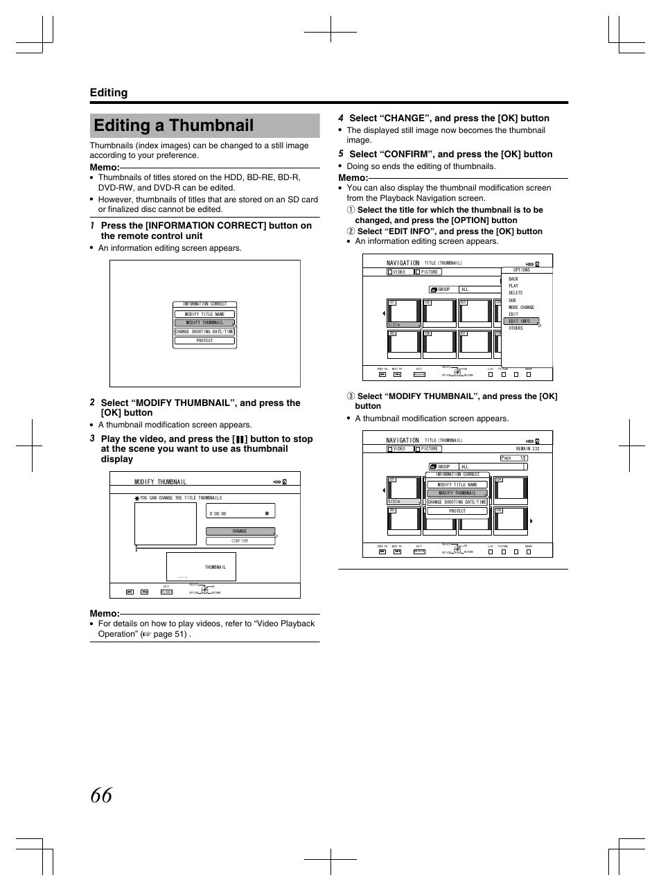 Editing a thumbnail, Editing, 4 select “change”, and press the [ok] button | 5 select “confirm”, and press the [ok] button, An information editing screen appears, A thumbnail modification screen appears, Doing so ends the editing of thumbnails | JVC LST1083-001C User Manual | Page 66 / 104