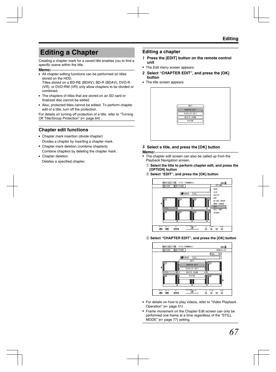 Editing a chapter, Chapter edit functions, Editing | 2 select “chapter edit”, and press the [ok] button, Chapter deletion deletes a specified chapter, The edit menu screen appears, The title screen appears, Select “chapter edit”, and press the [ok] button | JVC LST1083-001C User Manual | Page 67 / 104