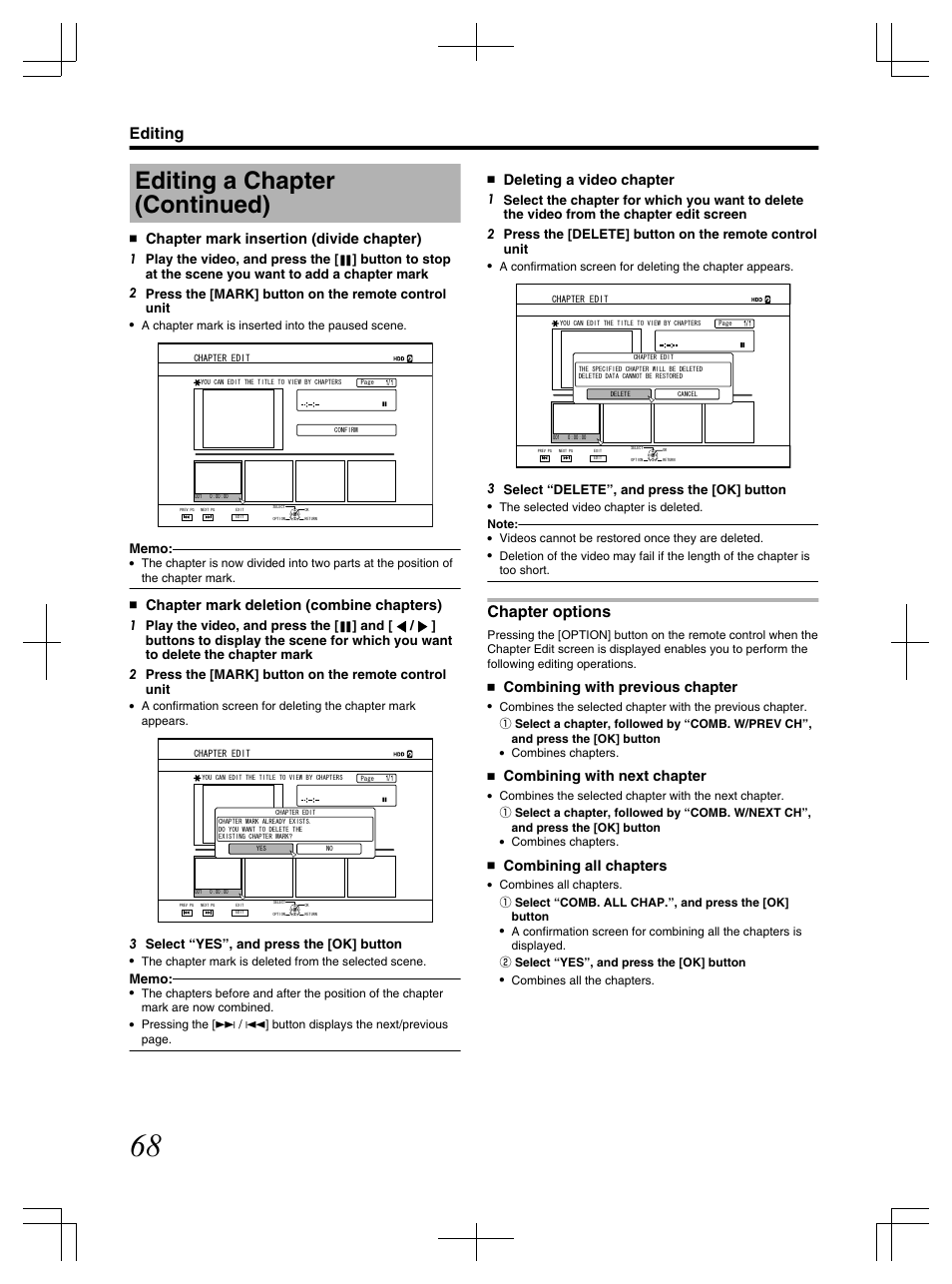 Editing a chapter (continued), Chapter options, Editing | Chapter mark insertion (divide chapter), Chapter mark deletion (combine chapters), Deleting a video chapter, Combining with previous chapter, Combining with next chapter, Combining all chapters, 3 select “yes”, and press the [ok] button | JVC LST1083-001C User Manual | Page 68 / 104