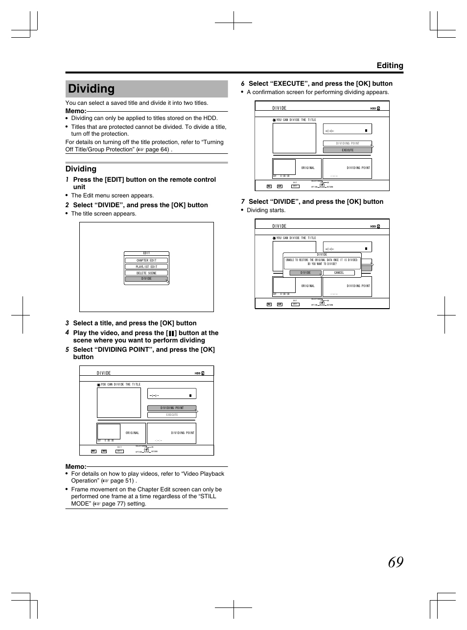 Dividing, Editing, 2 select “divide”, and press the [ok] button | 6 select “execute”, and press the [ok] button, 7 select “divide”, and press the [ok] button, The edit menu screen appears, The title screen appears, Dividing starts | JVC LST1083-001C User Manual | Page 69 / 104