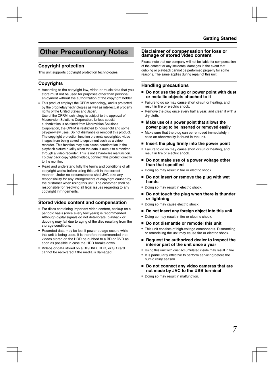 Other precautionary notes, Copyright protection, Copyrights | Stored video content and compensation, Handling precautions, Getting started | JVC LST1083-001C User Manual | Page 7 / 104