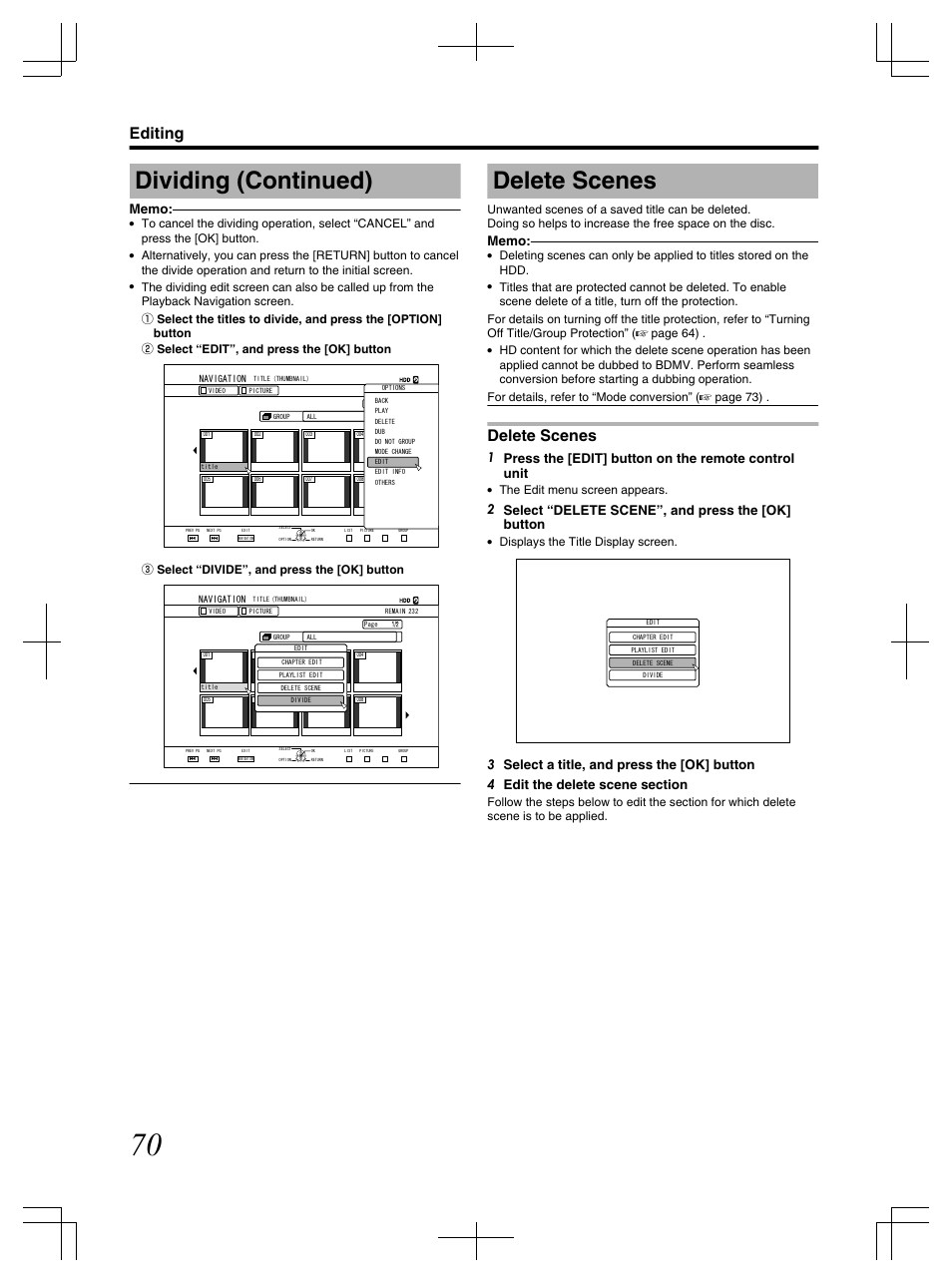 Delete scenes, Dividing (continued), Editing | 2 select “delete scene”, and press the [ok] button, Select “divide”, and press the [ok] button, The edit menu screen appears, Displays the title display screen | JVC LST1083-001C User Manual | Page 70 / 104