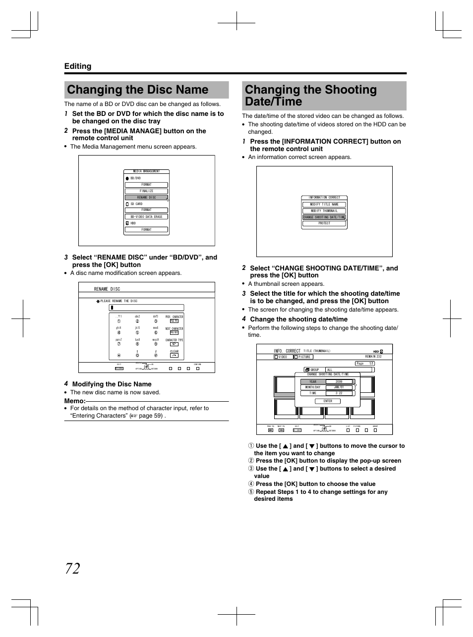 Changing the disc name, Changing the shooting date/time, Editing | 4 modifying the disc name, 4 change the shooting date/time, The media management menu screen appears, A disc name modification screen appears, The new disc name is now saved, An information correct screen appears, A thumbnail screen appears | JVC LST1083-001C User Manual | Page 72 / 104