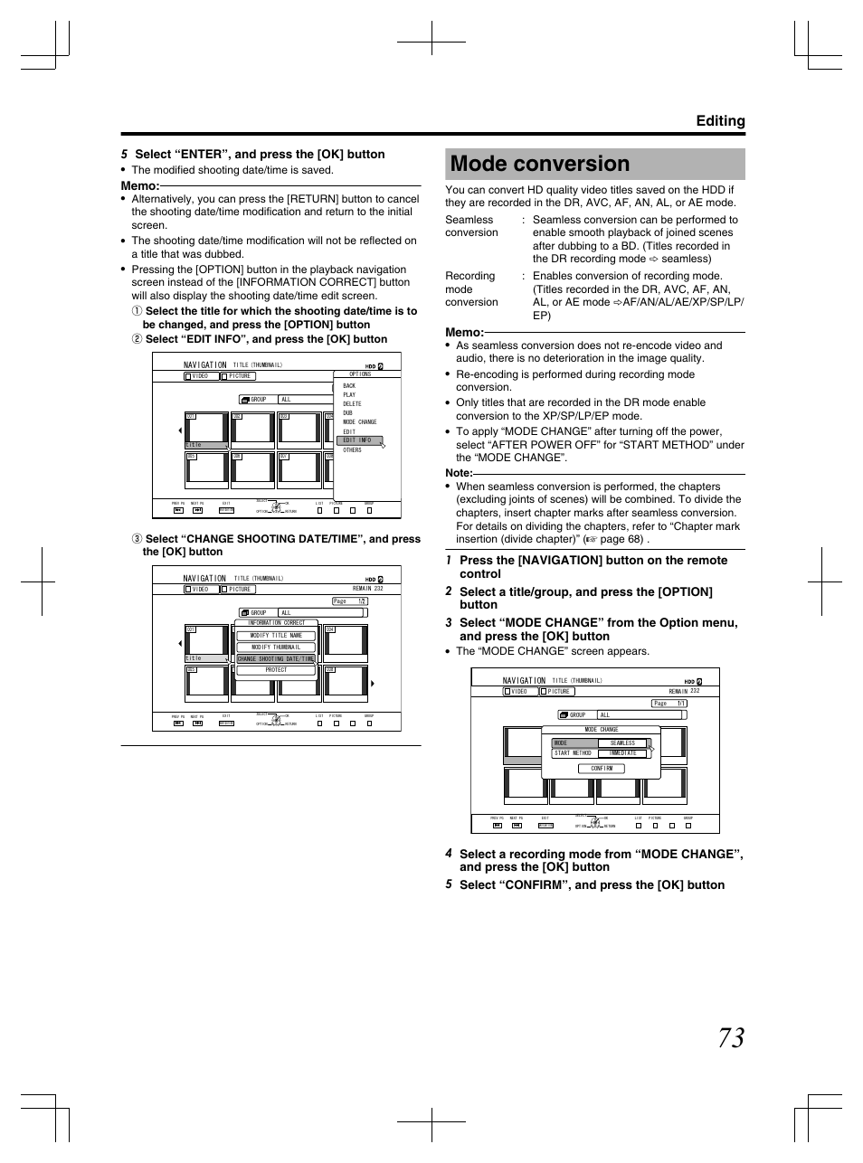 Mode conversion, Editing, 5 select “enter”, and press the [ok] button | The modified shooting date/time is saved, The “mode change” screen appears | JVC LST1083-001C User Manual | Page 73 / 104
