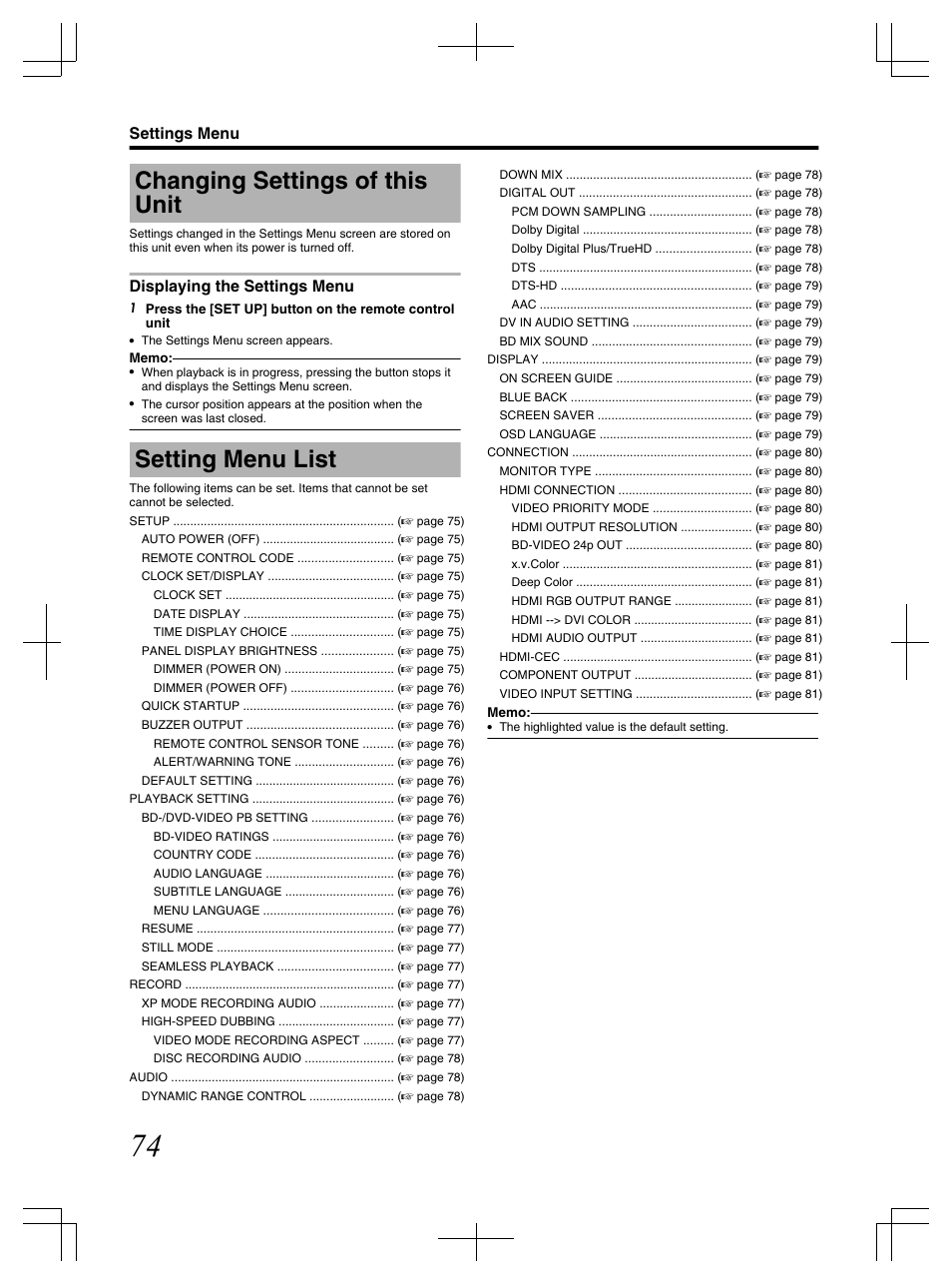 Settings menu, Changing settings of this unit, Setting menu list | JVC LST1083-001C User Manual | Page 74 / 104