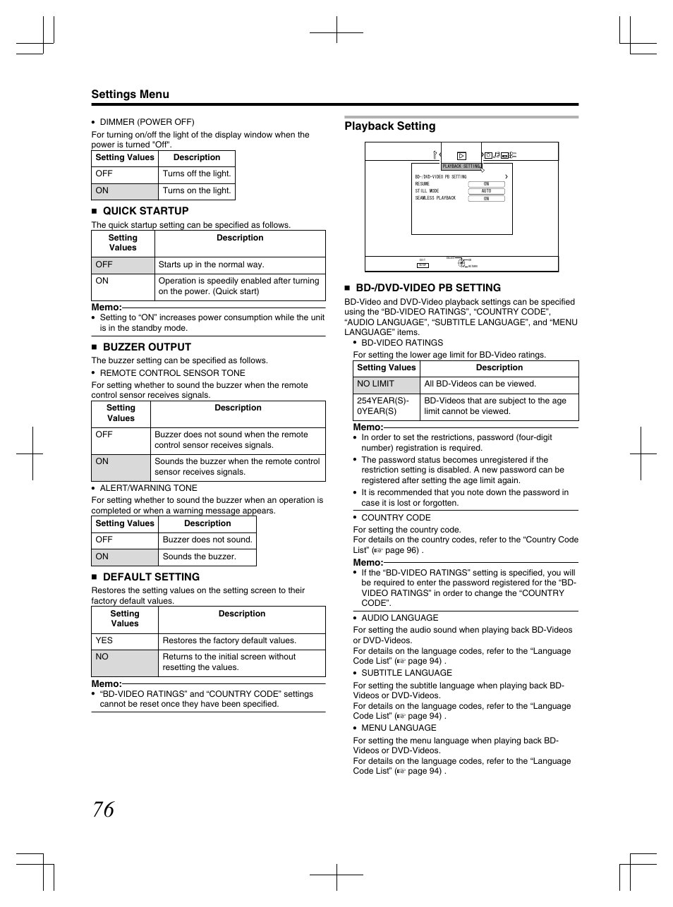 Playback setting, Settings menu | JVC LST1083-001C User Manual | Page 76 / 104