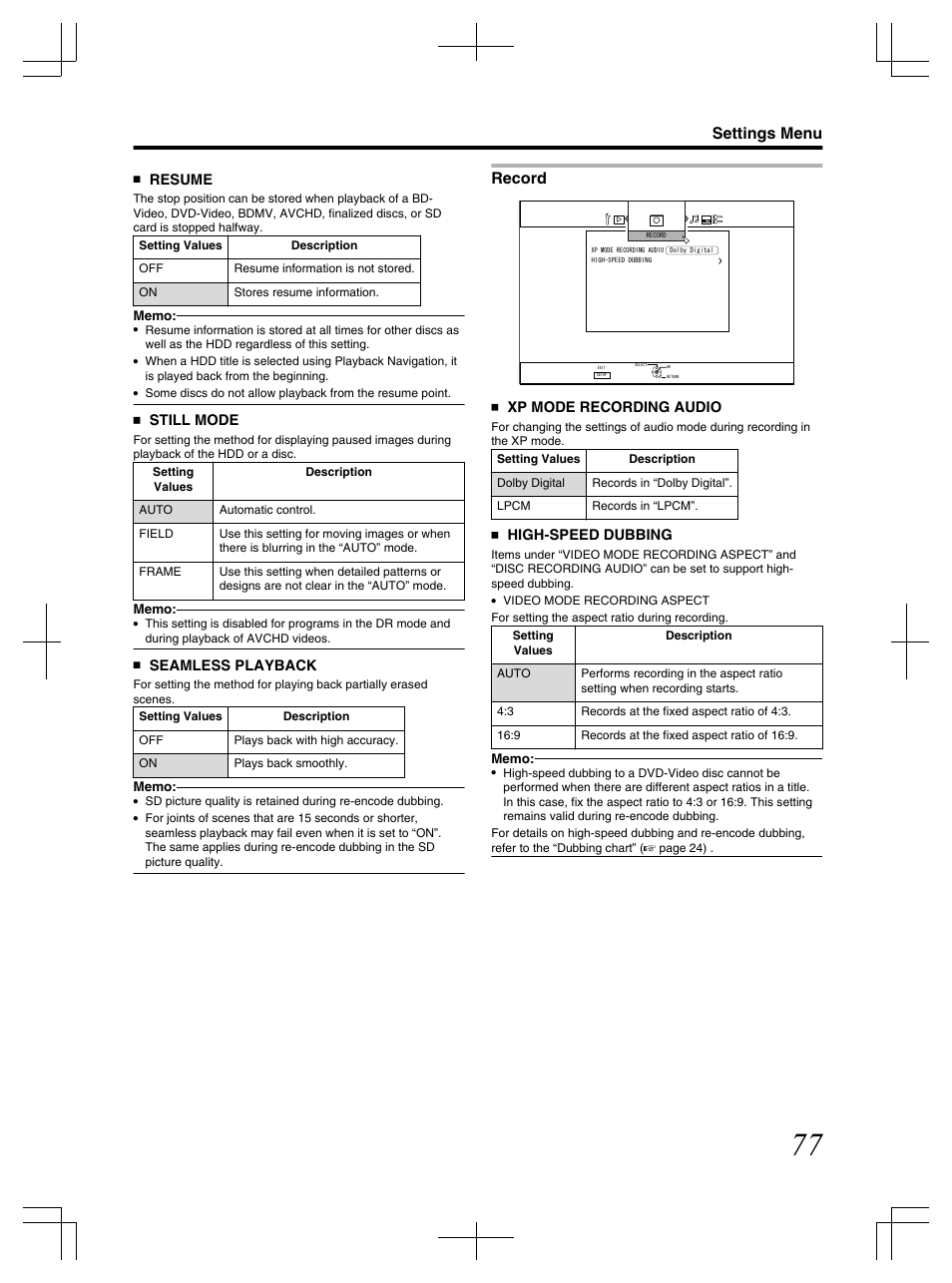 Record, Settings menu | JVC LST1083-001C User Manual | Page 77 / 104