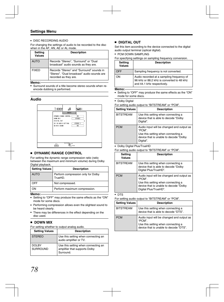 Audio, Settings menu | JVC LST1083-001C User Manual | Page 78 / 104