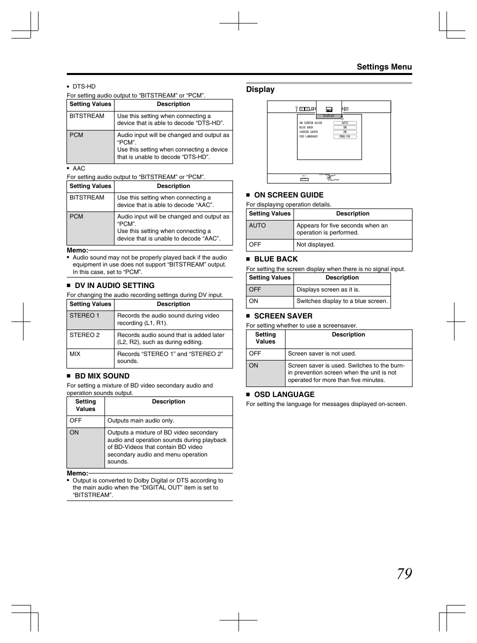 Display, Settings menu | JVC LST1083-001C User Manual | Page 79 / 104