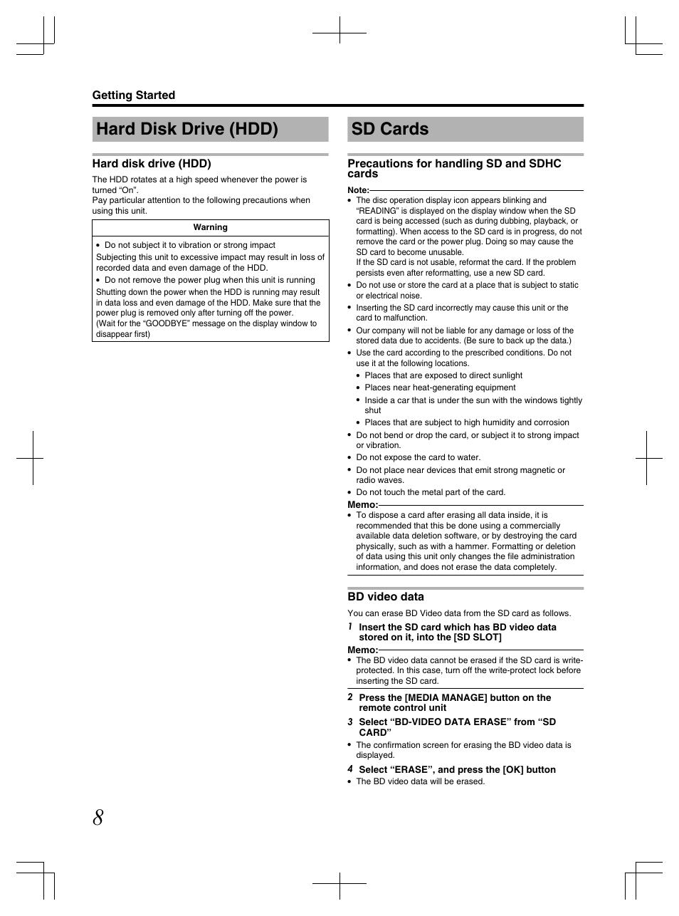 Hard disk drive (hdd), Sd cards, Precautions for handling sd and sdhc cards | Bd video data, Getting started | JVC LST1083-001C User Manual | Page 8 / 104