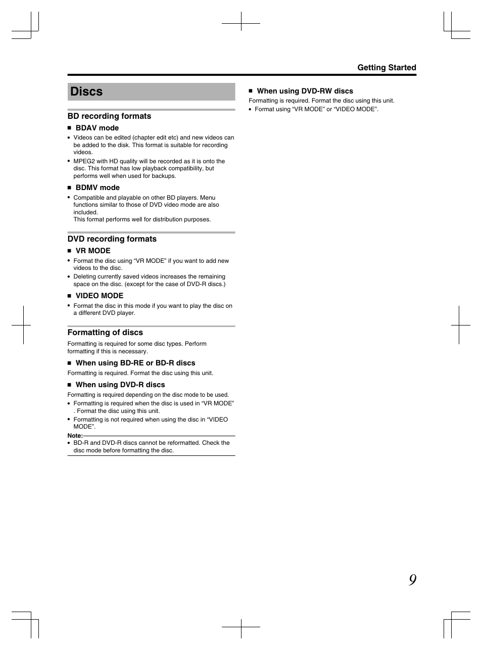Discs, Bd recording formats, Dvd recording formats | Formatting of discs, Getting started | JVC LST1083-001C User Manual | Page 9 / 104