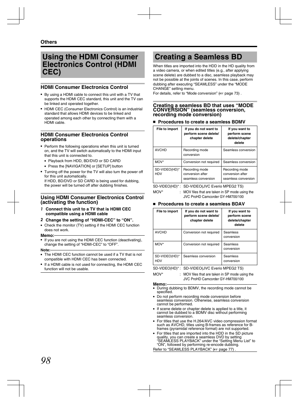 Creating a seamless bd, Hdmi consumer electronics control, Hdmi consumer electronics control operations | Others | JVC LST1083-001C User Manual | Page 98 / 104