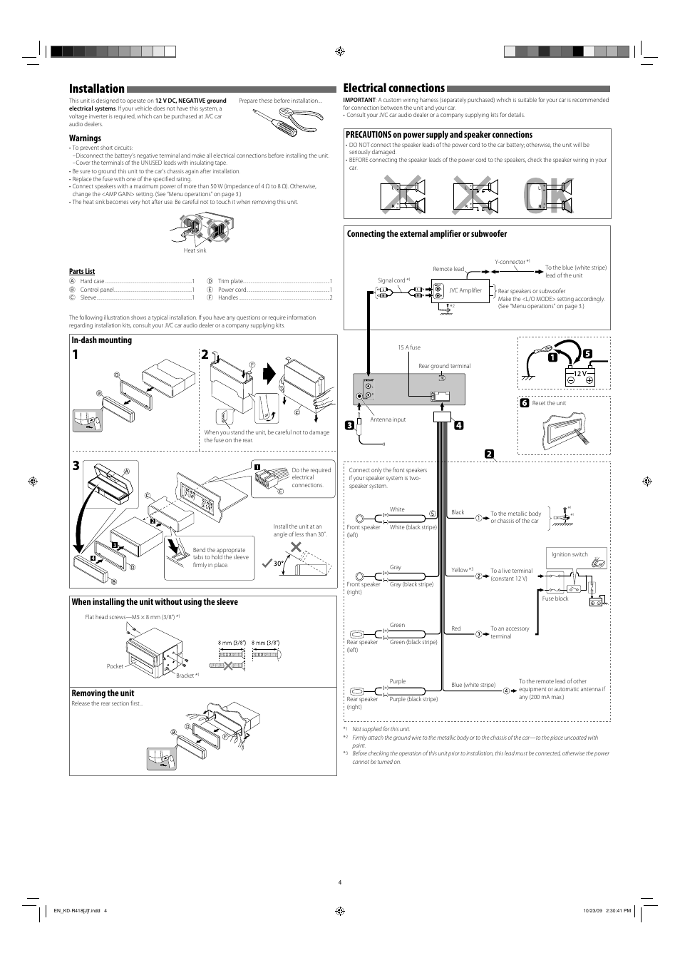 Installation, Electrical connections, Warnings | Connecting the external amplifier or subwoofer | JVC GET0632-001A User Manual | Page 4 / 6
