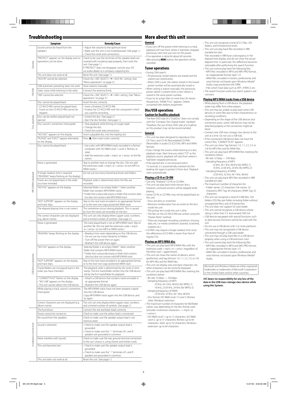 Troubleshooting, More about this unit, Tuner operations | Disc/usb operations | JVC GET0632-001A User Manual | Page 5 / 6
