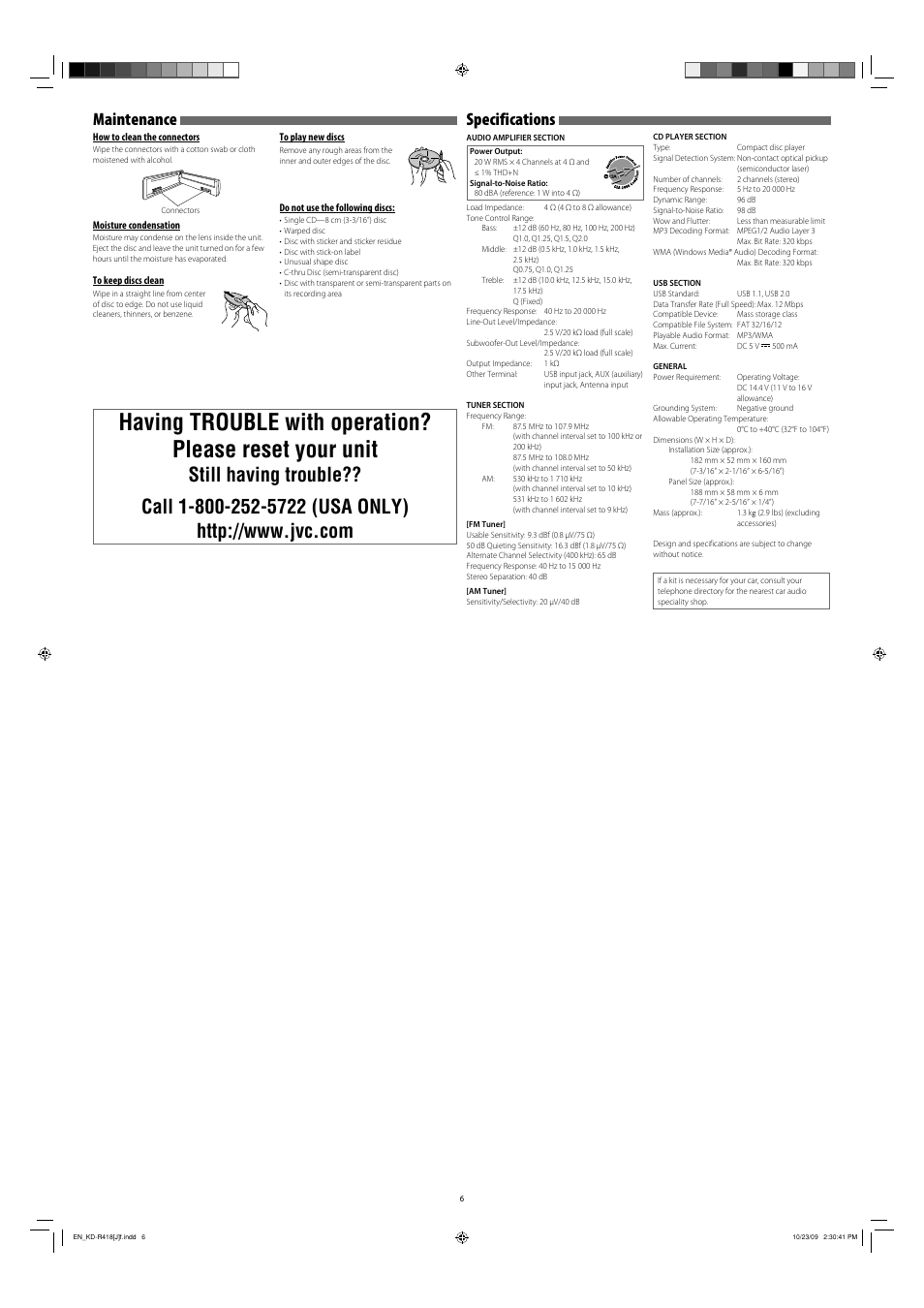 Specifications, Maintenance | JVC GET0632-001A User Manual | Page 6 / 6