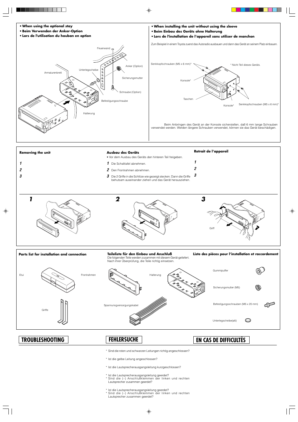 Fehlersuche, Troubleshooting, En cas de difficultés | JVC KD-S676R User Manual | Page 2 / 4