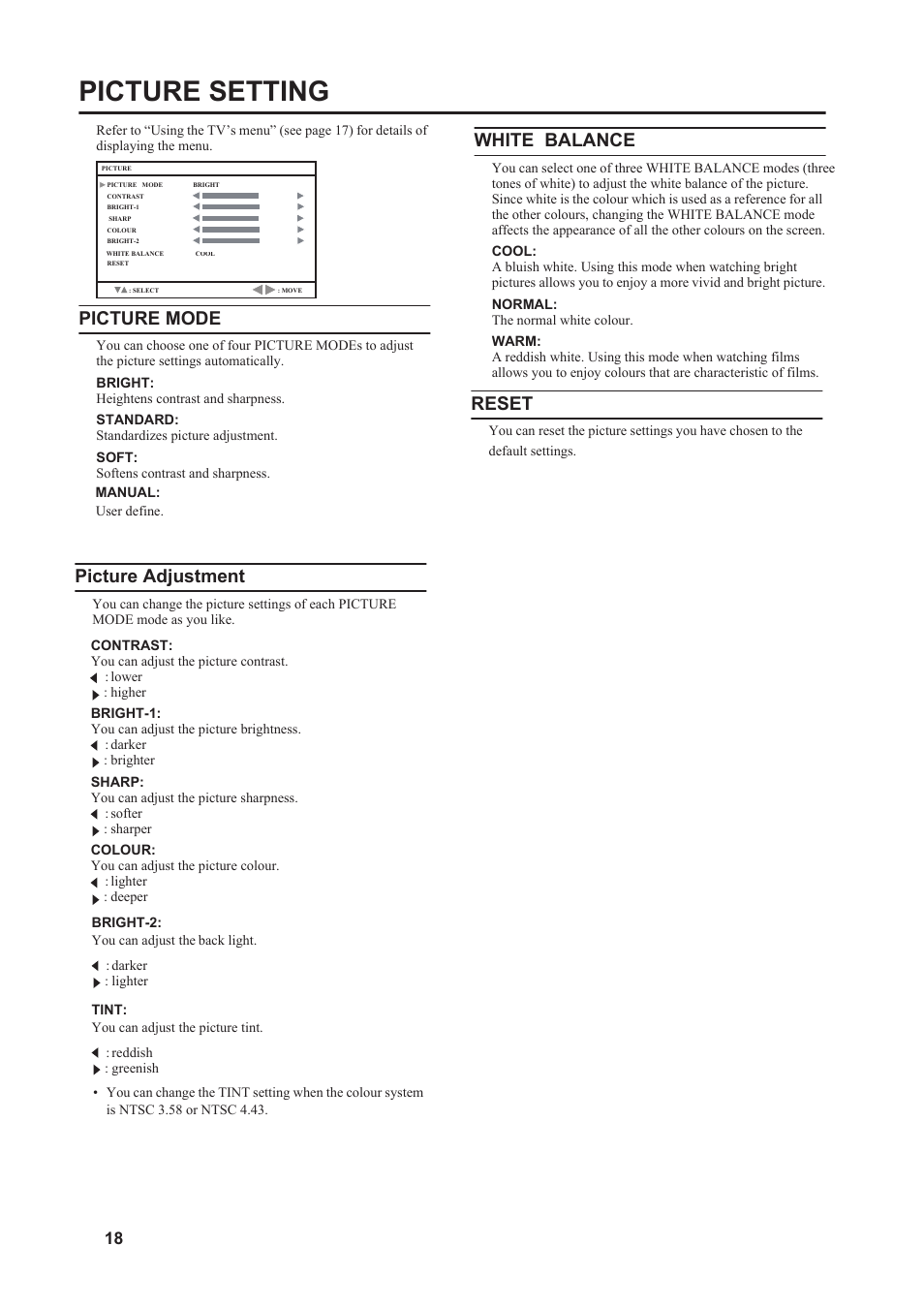 Picture setting, Picture mode, Picture adjustment | White balance, Reset | JVC 5030057088 User Manual | Page 19 / 33