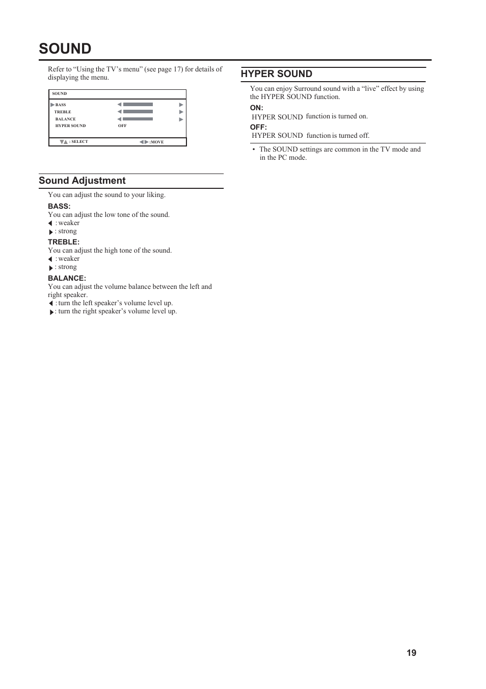 Sound, Sound adjustment, Hyper sound | JVC 5030057088 User Manual | Page 20 / 33