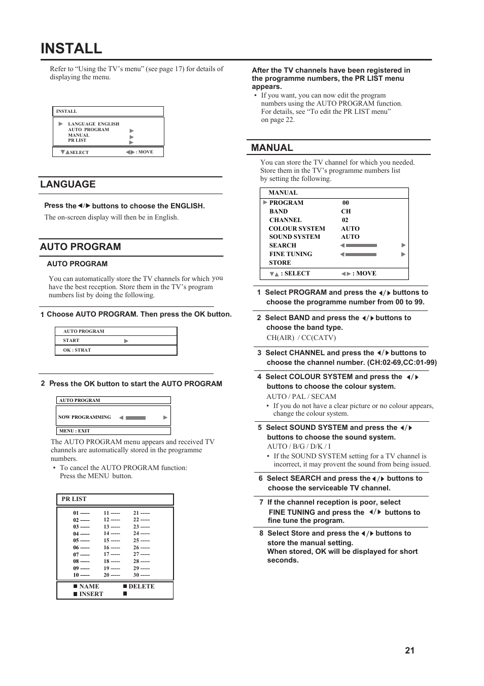 Install, Language, Auto program | Manual | JVC 5030057088 User Manual | Page 22 / 33