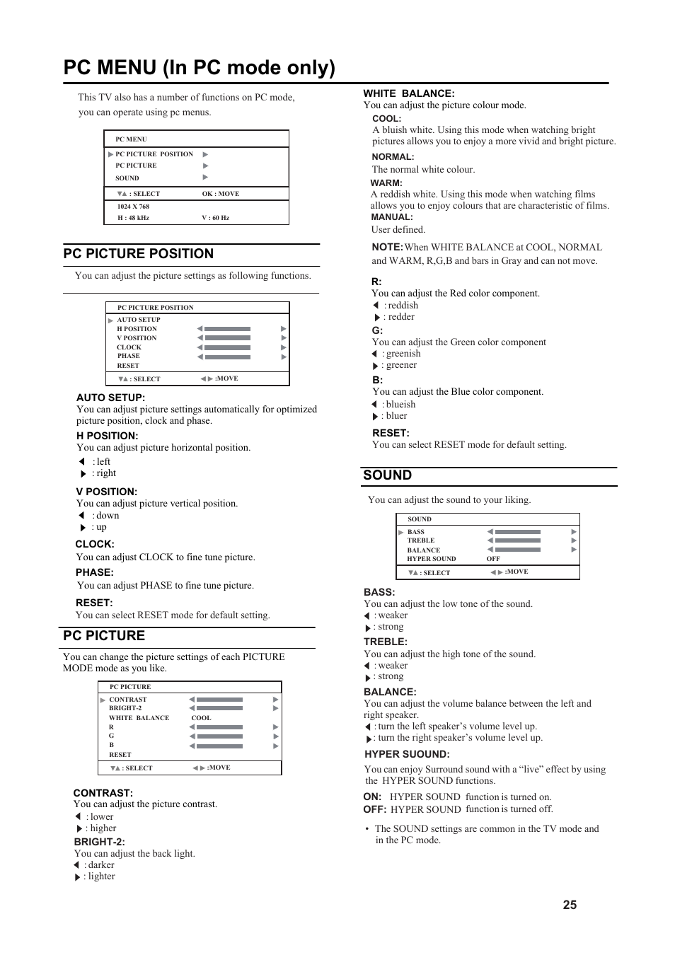 Pc menu (in pc mode only), Pc picture position, Pc picture | Sound | JVC 5030057088 User Manual | Page 26 / 33