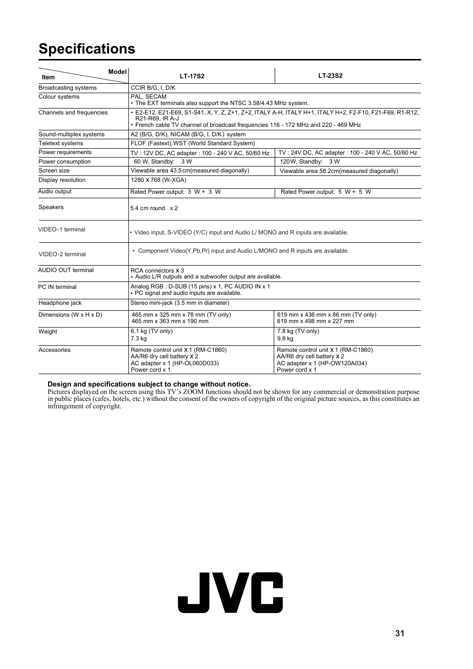 Specifications | JVC 5030057088 User Manual | Page 32 / 33